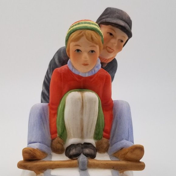 Norman Rockwell Figurine Downhill Daring Sledding 1984 Gorham Calendar Art - Picture 9 of 10